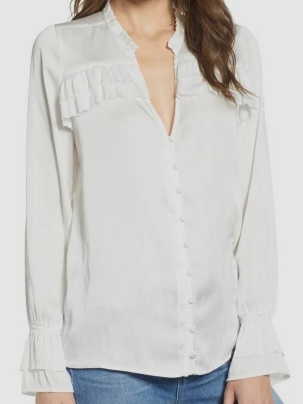 PAIGE White Anguilla Ruffle Yoke Satin Button-Front Blouse Large